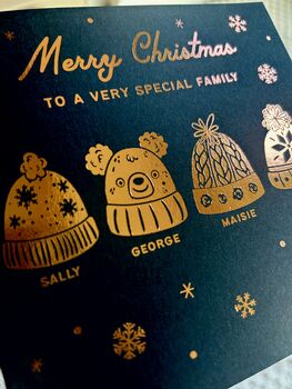 Personalised Family Or Friends Christmas Card With Foiled Christmas Wooly Hats, 6 of 10