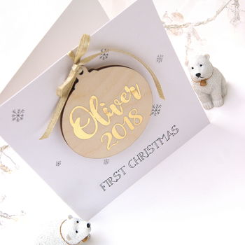 Personalised Babies First Christmas Wooden Bauble Card, 5 of 6