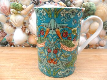 Set Of Six Straight Mugs In Teal Strawberry Thief Design, 4 of 10