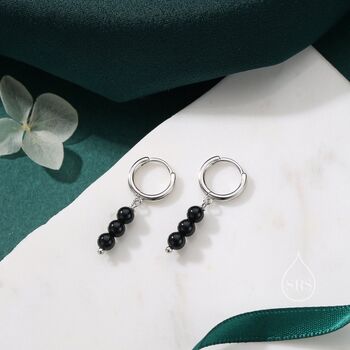 Sterling Silver Genuine Black Onyx Stone Trio Huggie Hoop Earrings, 4 of 10