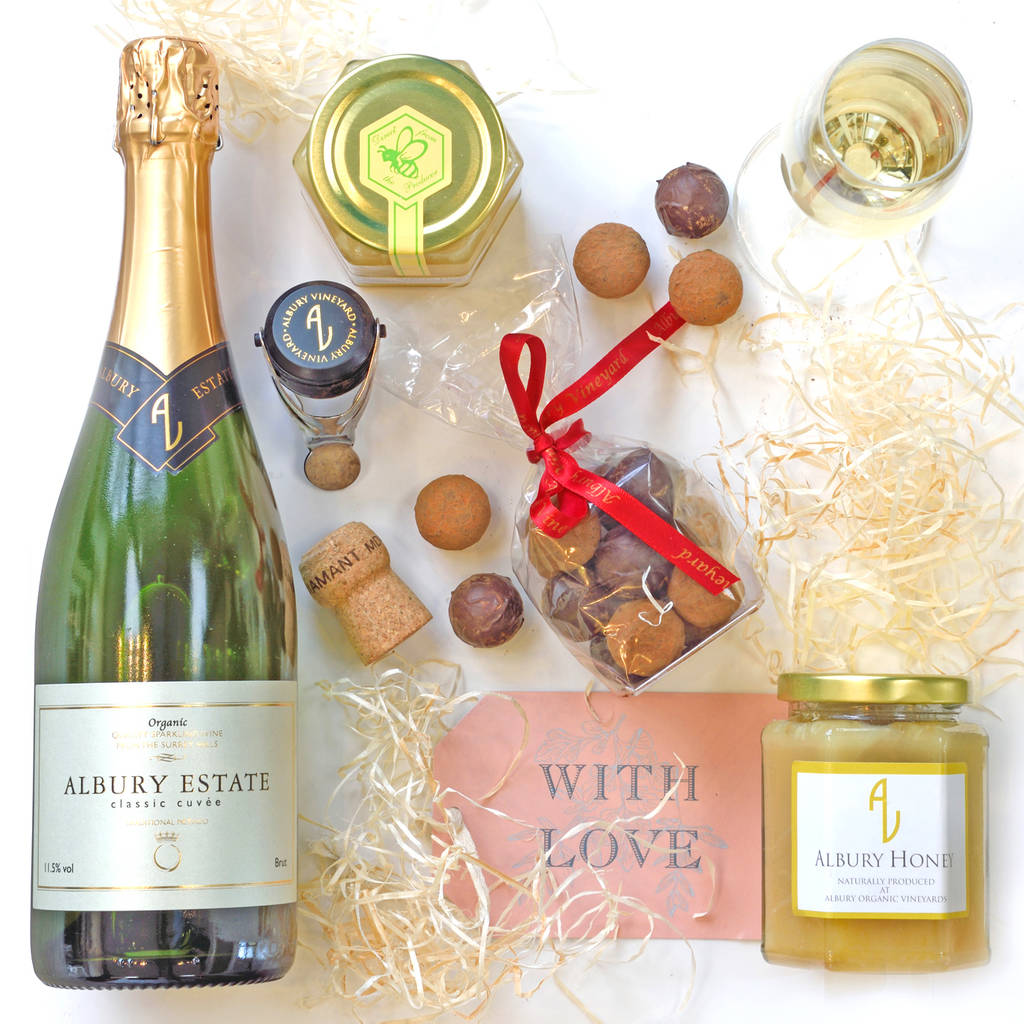 english sparkling wine gift box, honey and chocolates by albury organic