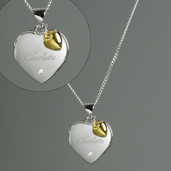 Personalised Sterling Silver Heart Locket Necklace With Diamond And 9ct Gold Charm, 3 of 6