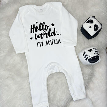 Hello World.. Personalised New Baby Babygrow, 7 of 8