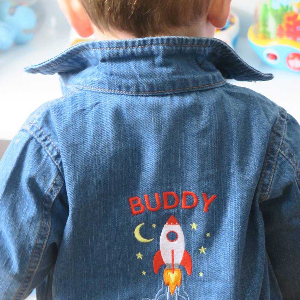 Personalised Name Baby Denim Jacket With Space Rocket, 1 of 4