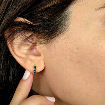 Forest Green Opal Huggie Hoop Gold Plated Earrings, 2 of 4