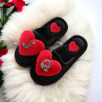 Personalised Faux Fur Black Fluffy Red Heart Slippers, 4 of 6
