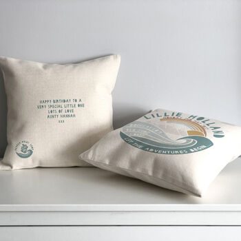 Personalised New Baby Mountain Adventure Cushion, 5 of 9