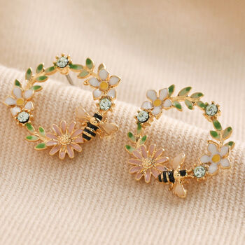 Flower And Enamel Bee Stud Earrings In Gold Plating, 3 of 4