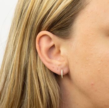 Gold Plated Sterling Silver Cubic Zirconia Hinged Hoop Earrings, 2 of 5