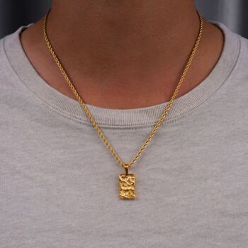Gold Plated Rectangle Hammered Pendant Necklace For Men Stainless Steel Chain, 9 of 12