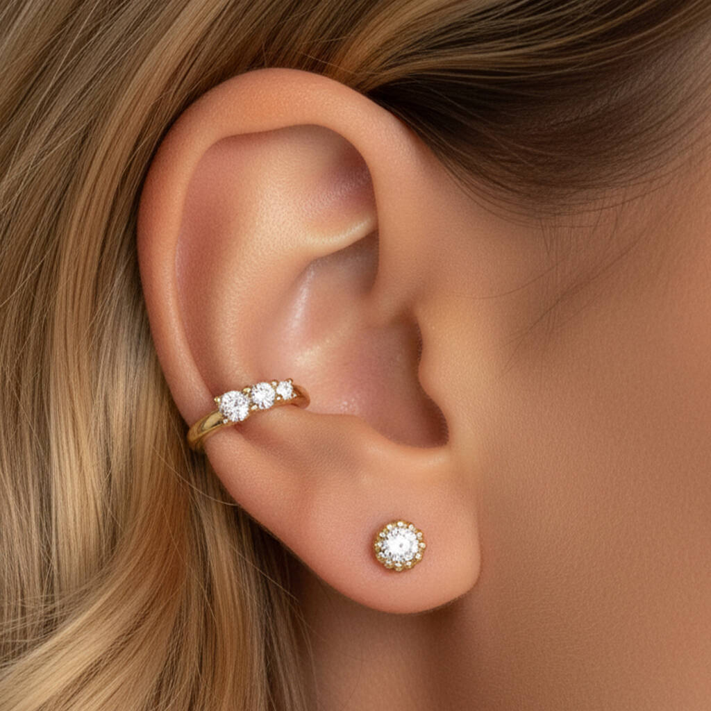 Women's Ear Cuff Set With Three Cluster Stones In 18k Gold, 1 of 4