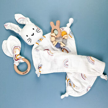 Rainbow Bunny Muslin New Baby Gift Set In Keepsake Box, 5 of 8