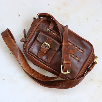 Leather Pocket Crossbody Bag, Tan, 2 of 5