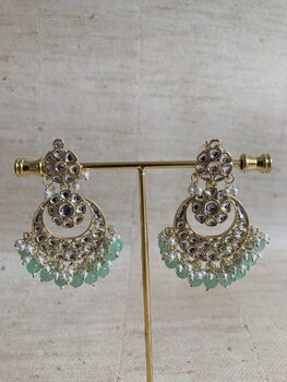 Mint Green Gold Plated Kundan Earrings And Tikka Set, 4 of 4