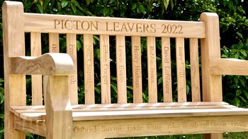 Engraved Teak Leavers Bench, 6 of 10