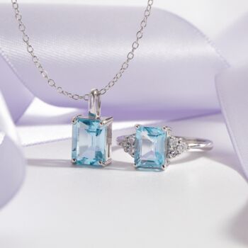 Blue Topaz Emerald Cut Pendant Necklace In Sterling Silver And Gold, 3 of 11