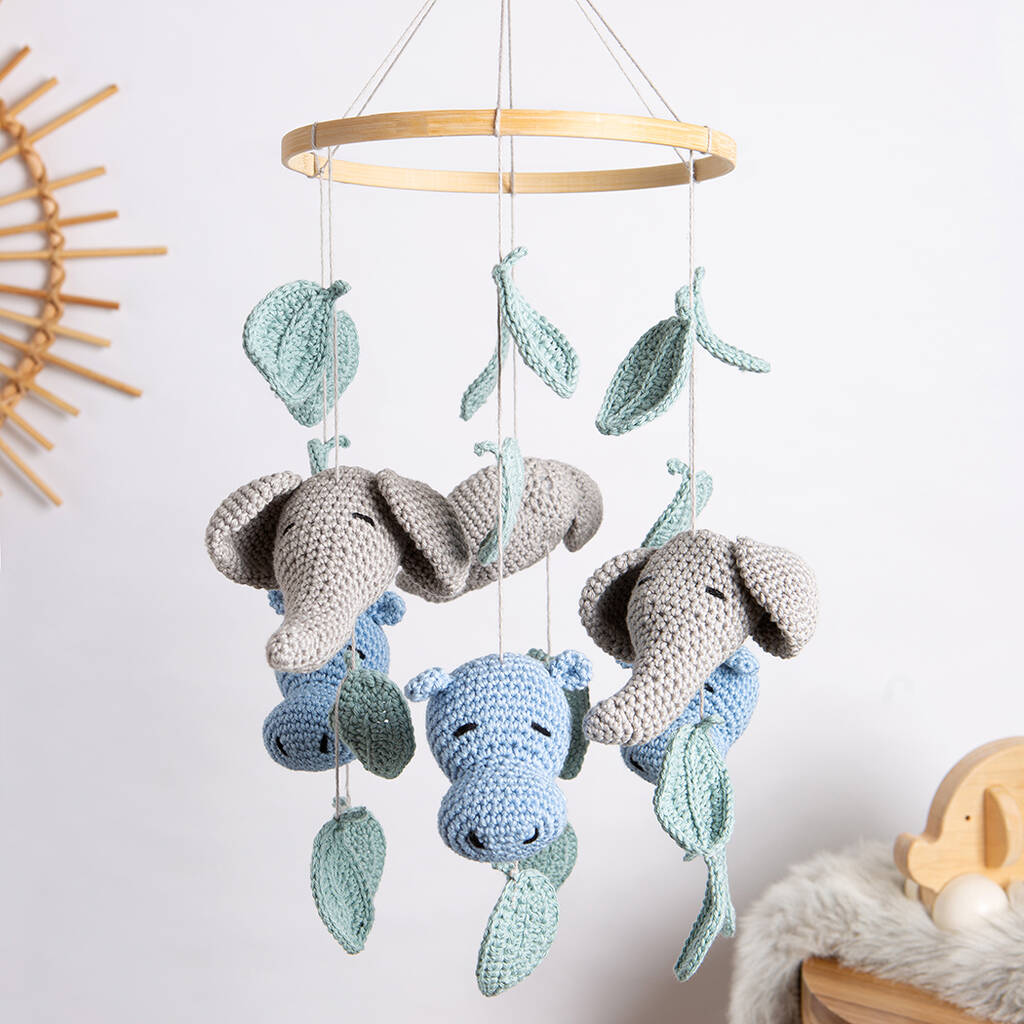 Hippo And Elephant Baby Mobile Easy Crochet Kit, 1 of 7