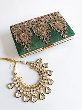 Amarna | Green Antique Gold Dabka Zardozi Clutch, 2 of 8