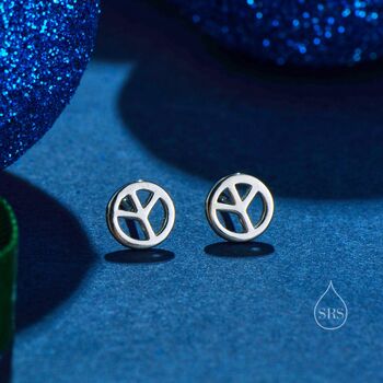 Tiny Peace Symbol Stud Earrings In Sterling Silver, 4 of 11