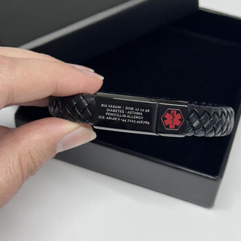Personalised Men's Woven Leather Medical Bracelet, 3 of 7