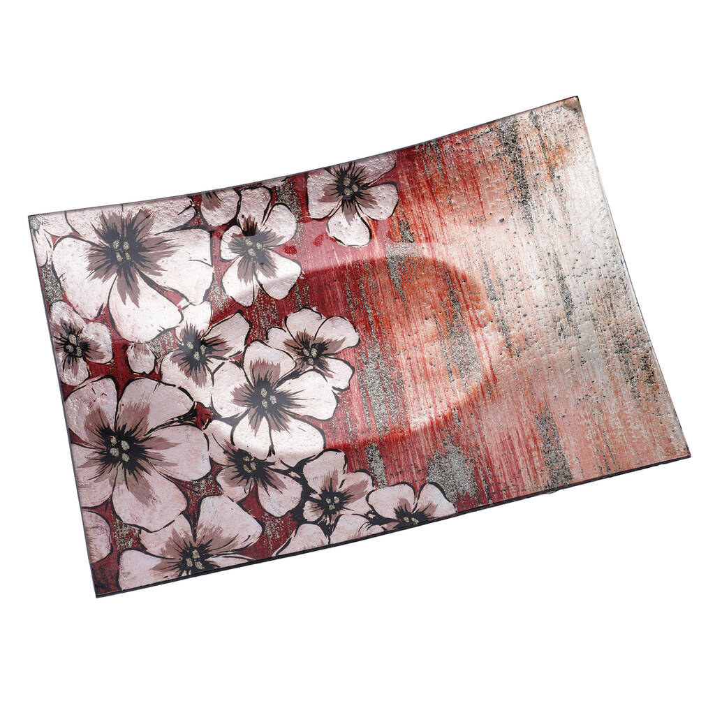 Pink Floral Large Rectangle Glass Plate In Gift Box, 1 of 2