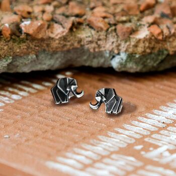 Sterling Silver Oxidised Origami Elephant Studs, 2 of 3