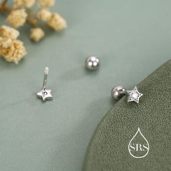 Sterling Silver Cz Star 18g Ball Back Screw Back Earrings, 5 of 11