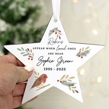 Personalised 'Robins Appear' Memorial Star Ornament, 3 of 4