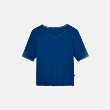 Women's 'Navy Peony' Bamboo Lace Pyjama Set, 5 of 6