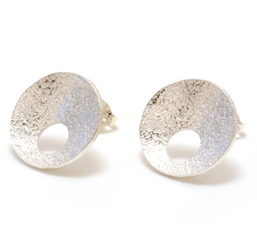 Concave Textured Silver Post Earrings With Hole Detail, 1 of 6