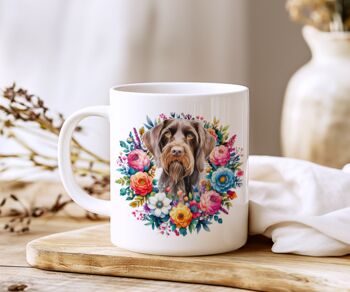 Personalised German Wirehaired Pointer Summer Floral Dog Wreath Cushion And Mug Gift Bundle, 2 of 4