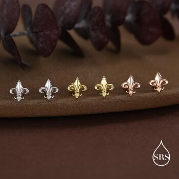 Sterling Silver Fleur De Lis 16 G Threaded Flat Back Earrings, 7 of 11