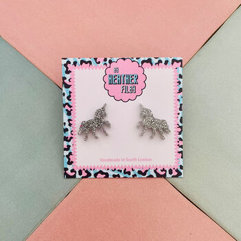 Unicorn Glitter Resin Stud Earrings Pink, Blue And Silver, 5 of 12