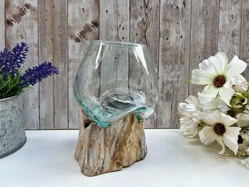 Handcrafted Molten Glass Bowl On Natural Driftwood, 4 of 6