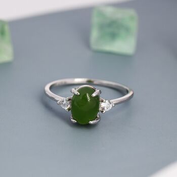 Genuine Oval Jade Stone Halo Ring In Sterling Silver, 4 of 11