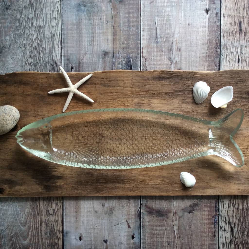 clear glass fish serving plate by the nautical home