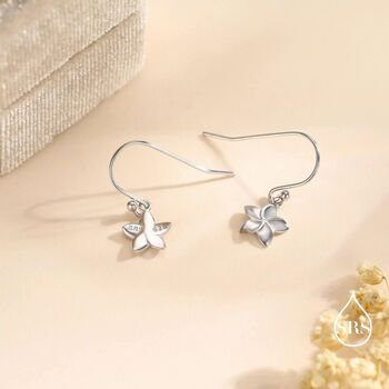 Sterling Silver Tiny Plumeria Flower Drop Hook Earrings, 3 of 11