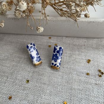 Blue And Gold Flower Print Ceramic Bar Stud Earrings, Minimalist Rectangular Studs, 5 of 8