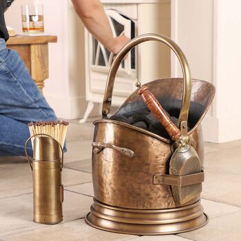 Antique Brass Coal Scuttle With Shovel And Matches, 8 of 9