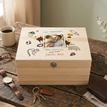 Personalised 'Our Adventures' Kids Doodles Pine Memory Box Five Sizes 16cm | 20cm | 26cm | 30cm | 36cm, 3 of 12