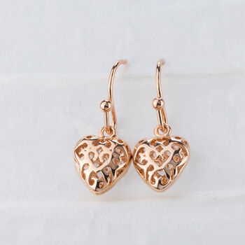 Rose Gold Filigree Heart Earrings, 2 of 3