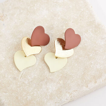 Three Tone Triple Heart Drop Earrings, 3 of 3