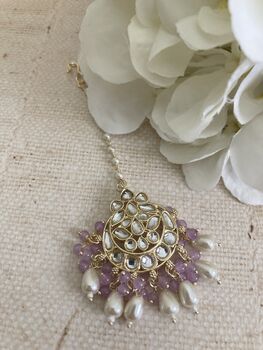 Purple Gold Plated Kundan Earrings And Tikka Set, 6 of 7