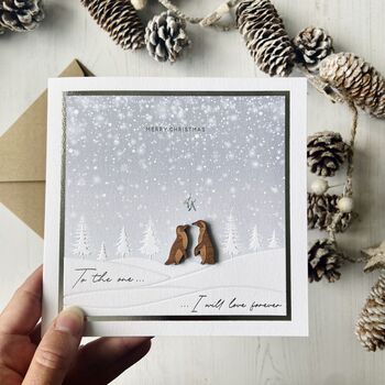 Penguin Couple Mistletoe Snowy Love Christmas Card, 9 of 10