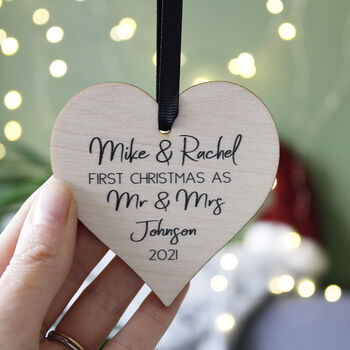 First Married Christmas Wooden Heart Tree Decoration, 5 of 12