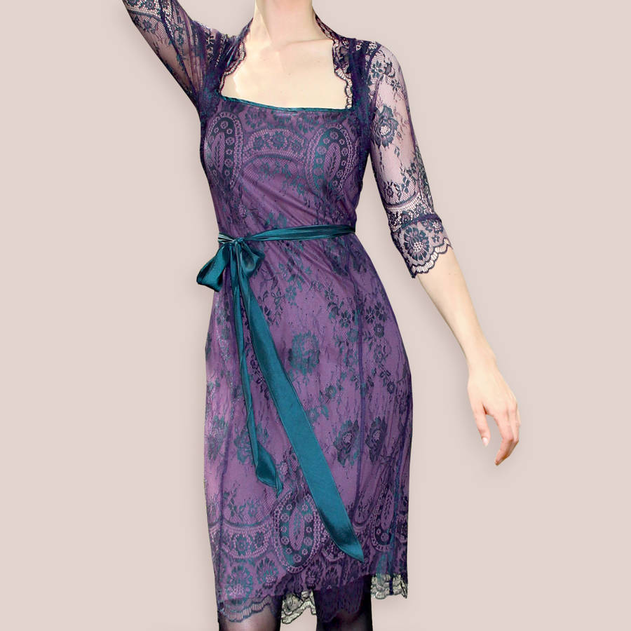Long Sleeve Lace Dress In Midnight And Currant, 1 of 3