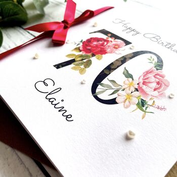 Personalised 70th Birthday Card, With Large Floral Number And Bow, 4 of 5