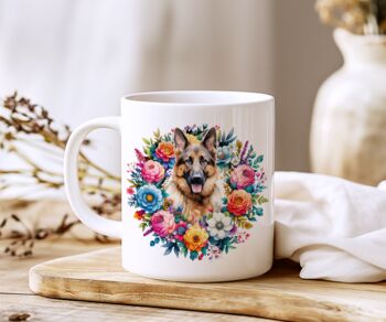 Personalised German Shepherd Summer Floral Dog Wreath Cushion And Mug Gift Bundle, 2 of 4