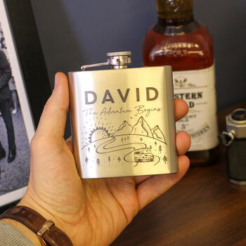 Personalised Mountain Campervan Hip Flask Tin Gift Set, 3 of 4