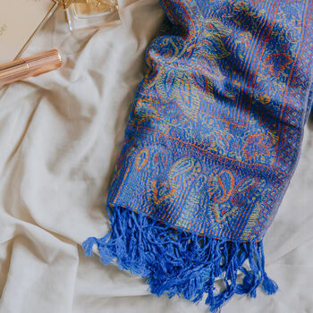 Paisley Tassel Pashmina In Deep Periwinkle, 2 of 3